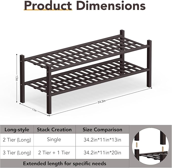 Haddockway Long 2 Tier Bamboo Shoe Rack Storage Organizer, Multifunctional Free Standing Stackable Shoe Shelf with Grid Panel for Closet,Hallway,Entryway,Small Space 34.2"x11"x13"