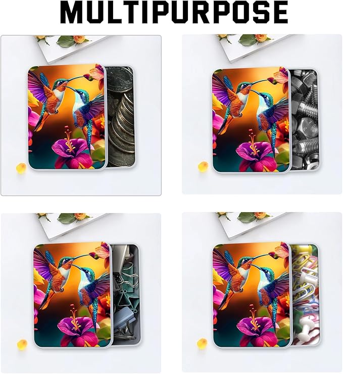 Metal Tin Box with Lid for Game Cards Home Organizer Candles Keys Crafts Storage - Equipped with 4 Magnetic Cord Clips，Hummingbirds and flowers