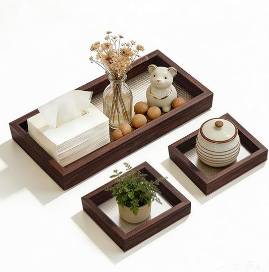 Rectangle Small Wooden Tray Set of 3, Desk Drawer Organizer - Stackable, Walnut