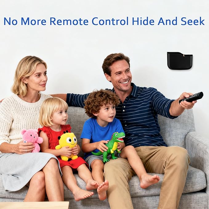 Wall Mount Remote Control Holder 4 Pack Adhesive Media Player Controller Holder Black Universal TV Remote Organizer Caddy Box Tray Hollow Bottom Easy Phone Charging Home Office Desk Nightstand