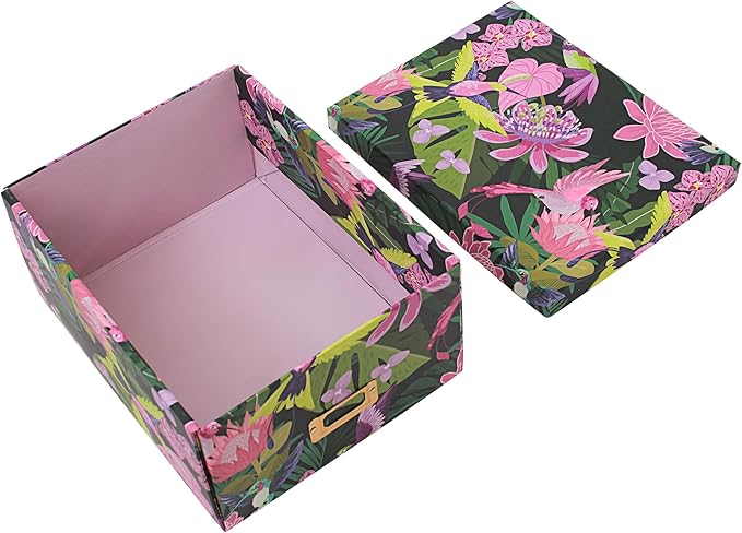 Decorative Storage Box with Lid, Cardboard Paperboard Keepsake box, Green, Foldable, Tropical Floral with Hummingbirds, Photo Storage Box for Memory, Home Decor, Wool Organizer