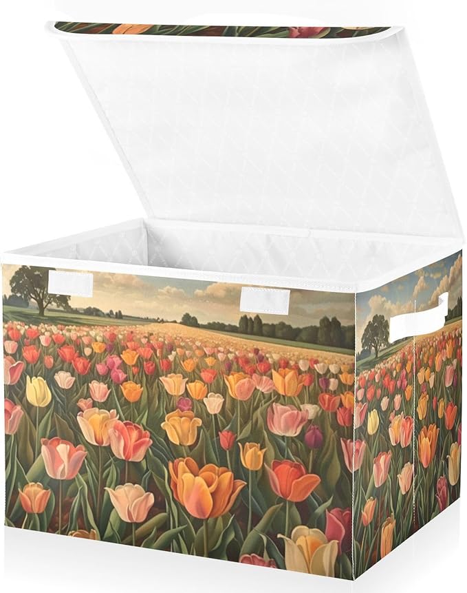 Collapsible Storage Bins with Lids Decorative Fabric Storage Cubes Closet Organizer and Storage Basket Boxes Containers for Clothes Box Chest Nursery Folding Rectangle Tulips Orange