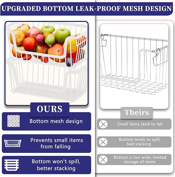 6 Pack Enhanced Leak-Proof Bottom Stackable Wire Baskets, Pantry Organizers and Storage, pantry storageï¼Shelf Baskets, Fruit Basket, Potato and Onion Storage Binsï¼(White)