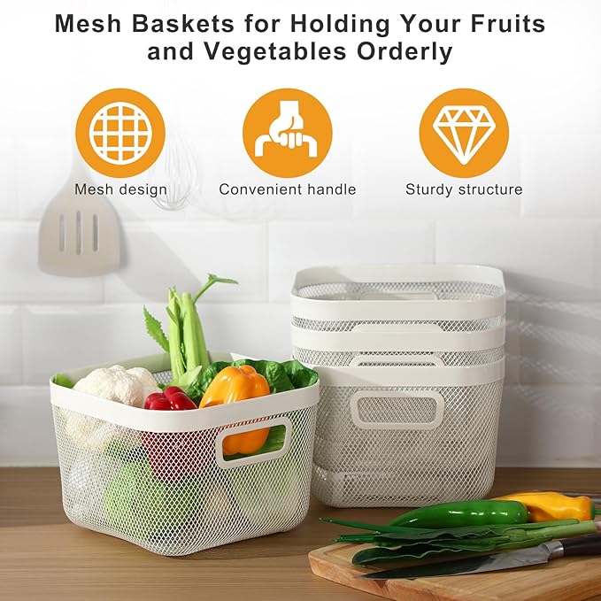 6 Pack Metal Mesh Basket with Hollow Handles White Wire Storage Bin for Organizing Stackable Metal Fine Mesh Basket for Pantry Bathroom Kitchen Cabinets Shelves (Medium)
