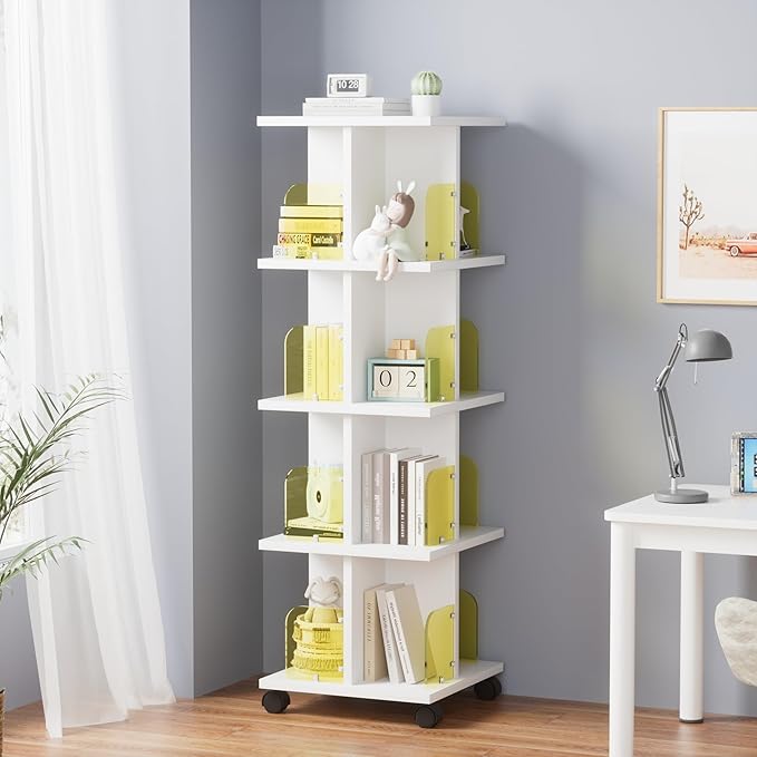 VECELO 4 Tier Rotating Bookshelf, 360Â°Corner Display Shelf with Wheels, Book Storage with Acrylic Windows, Wood Narrow Book Shelf Organizer for Small Space, Bedroom, White