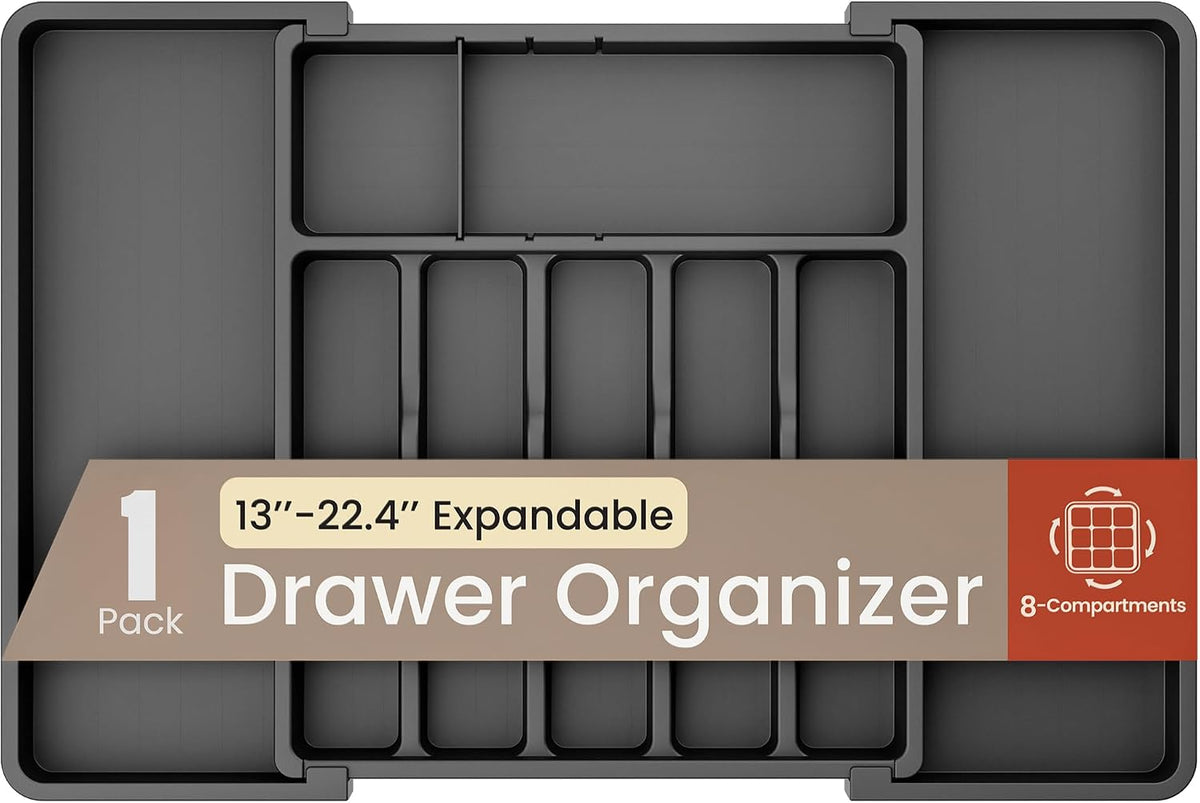 Black Expandable Utensil Drawer Organizer 1 Pack, Adjustable 13” to 22.4”, 8 Compartment Silverware Organizer for Kitchen Utensils, Spatulas, Cutlery, and Tools, Easy to Clean, Durable, and BPA-Free