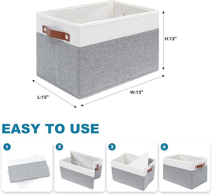 4 Pack Large Fabric Storage Baskets for Shelves , Closet Storage Bins for Shelves, Fabric Baskets for Organizing with Handles for Home organization and Storage (White with Grey,15"L*13"W*13"H)