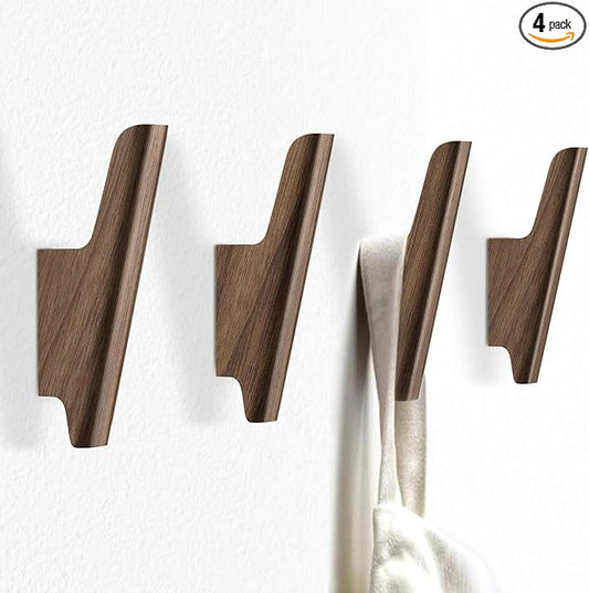 Wood Wall Hooks 4 Pack Coat Hooks Wall Mount Walnut Wooden Hooks for Hanging Hat, Bag, Backpack, Rustic Coat Hooks for Wall, Wood Towel Hooks for Bathrooms and Entryway Hooks (Walnut, Light)