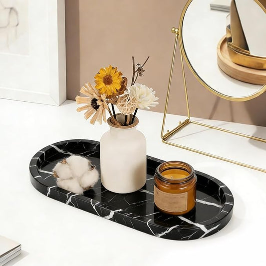 Natural Marble Tray, Black Stone Tray, Vanity Decorative Tray for Countertop, Catchall for Perfume, Candles, Skincare, Jewelry Dish, Bathroom Tray, Hotel Supplies