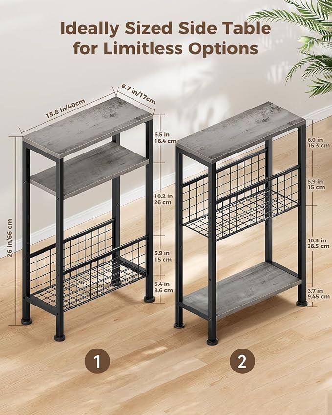 Karii Narrow Side Table, Skinny End Table for Small Spaces with Storage, 3-Tier Slim Wooden Bedside Nightstand Thin Couch Table for Living Room Bedroom Office Dorm Kitchen Bathroom (2, Gray)