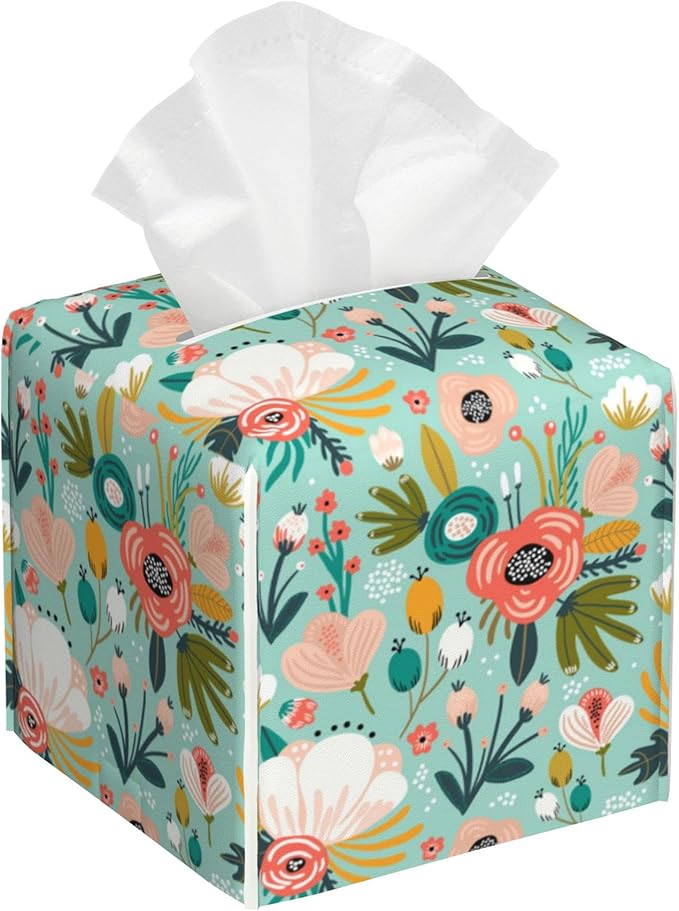 Watercolor Flowers Tissue Box Cover Square,Tissue Box Holder with Belt Bottom,Stylish Leather Napkin Holder for Vanity Countertop,Nightstands,Office Desk,5.2"Ã5.2"Ã5.2"