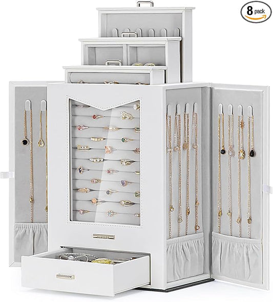 Homde Jewelry Organizer with Transparent Window Necklace Hooks Gift for Women Jewelry Box Display Case for Necklaces Rings Earrings Bracelets and Other Jewelry Accessories (White)
