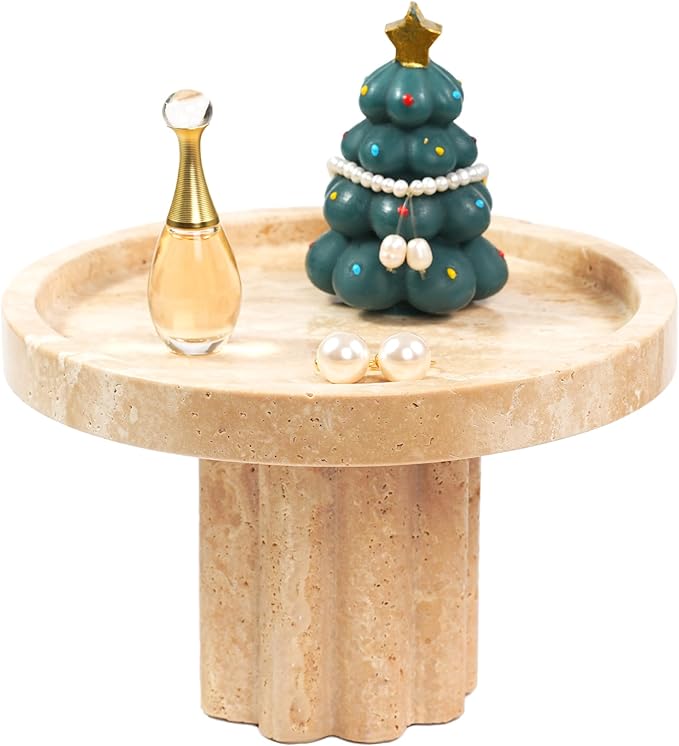 Travertine Marble Perfume Tray - Round Decorative Stone Pedestal with A Scalloped Leg for Bathroom Vanity Coffee Table Kitchen Countertop, Footed Jewelry Holders Organizers
