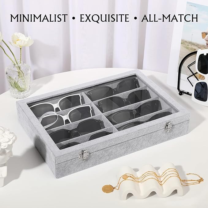 Emibele Glasses Organizer Jewelry Tray, 8 Grids with Clear Lid Velvet Tray Watch Storage Stackable Jewelry Showcase Display Storage with Detachable Inner Dividers - Grey