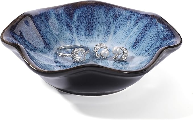 Blue Lotus Leaf Shape Ring Jewelry Dish Holder,Small Trinket Jewelry Tray,Decorative Jewelry Plate Bowl,Key Bowl,Birthday Engegament Gifts for Women Friends,Ceramic