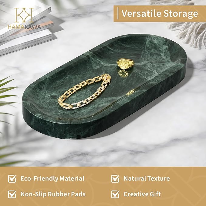 Bathroom Vanity Tray, Natural Marble Oval Tray 10 inch, Emerald Green Marble Vanity Tray for Soap Dispenser Modern Countertop Organizer for Kitchen Countertops, Home Decor
