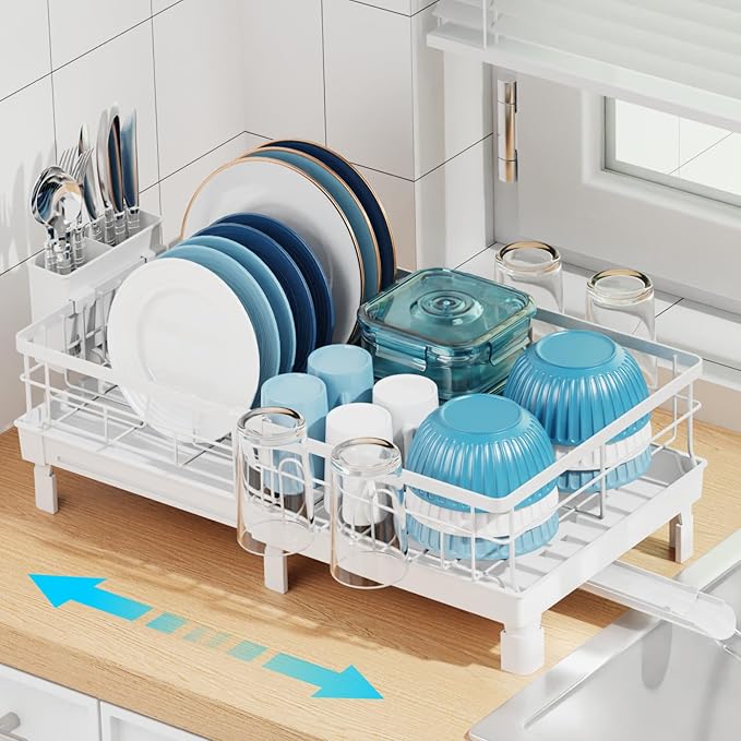 GSlife Expandable Dish Drying Rack for Kitchen Counter - Compact Rust-Resistant Dish Racks with and Cup Holder for Small Apartment, 12.2" W x 12"-20.5" L, White