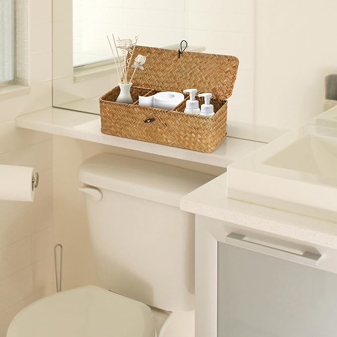 3 Compartment Storage Woven Basket with Lid, Rectangular Wicker Baskets Organizer for Bathroom Counter, Seagrass Woven Storage Baskets for Toilet Paper (12.6x4.7x4.3 inch)