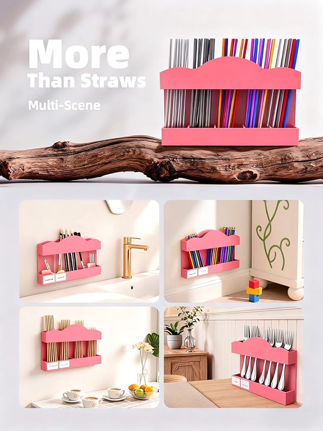 9.8" Acrylic Straw Holder for Cabinet Door - Straw Organizer with Ultra-Sticky Adhesive, Kitchen & RV Essensials, 5-Compartment Storage for Reusable Straws & Brushes, Colored Pencils, Markers