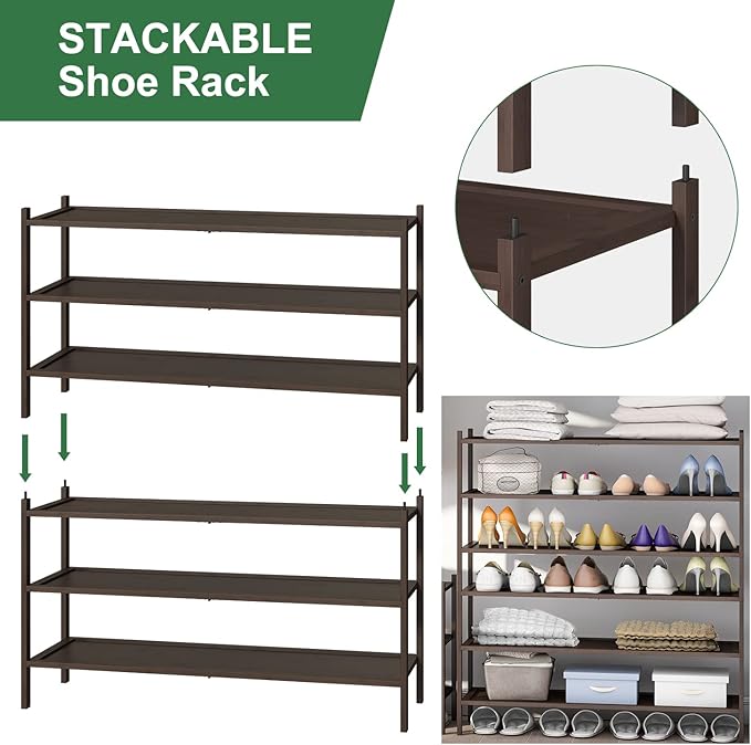 3-Tier Long Shoe Rack, Bamboo Wood Shoe Rack for Entryway, Stackable | Foldable | Natural, Shoe Organizer for Hallway Closet, Free Standing Shoe Racks for Indoor Outdoor