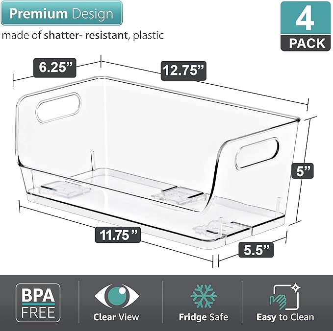 Sorbus Stackable Storage Bins Open Front, Clear Stackable Storage Bins, Pantry Bins for Storage and Organization, Acrylic Stackable Bins for Kitchen, Clear Pantry Organizer Bins (Small Narrow 4 Pack)