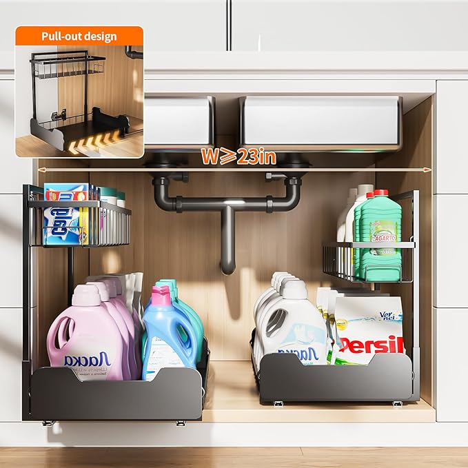 Under Sink Organizer, 2-Tier L-Shaped Pull Out Cabinet Shelf with 2 Installation Methods, Adjustable Sliding Storage Drawer for Kitchen, Bathroom, Laundry, Metal, Black, 2-Pack