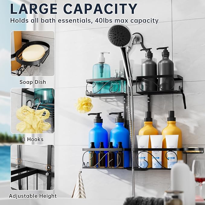 Kadolina Shower Caddy Hanging for Handheld Showerheads, Rustproof Stainless Steel Shower Organizer, Large-Capacity Bathroom Organizer Rack with Soap Dish and Hooks for Razor/Sponge, Black