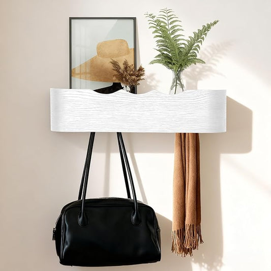 Wall Coat Rack Floating Shelves Modern Coat Rack Wall Mount with Storage Entryway Shelf Wooden Hanger 20 Inch 4 Hidden Metal Hooks for Living Room Bedroom (Wavy White, 4 Hooks)