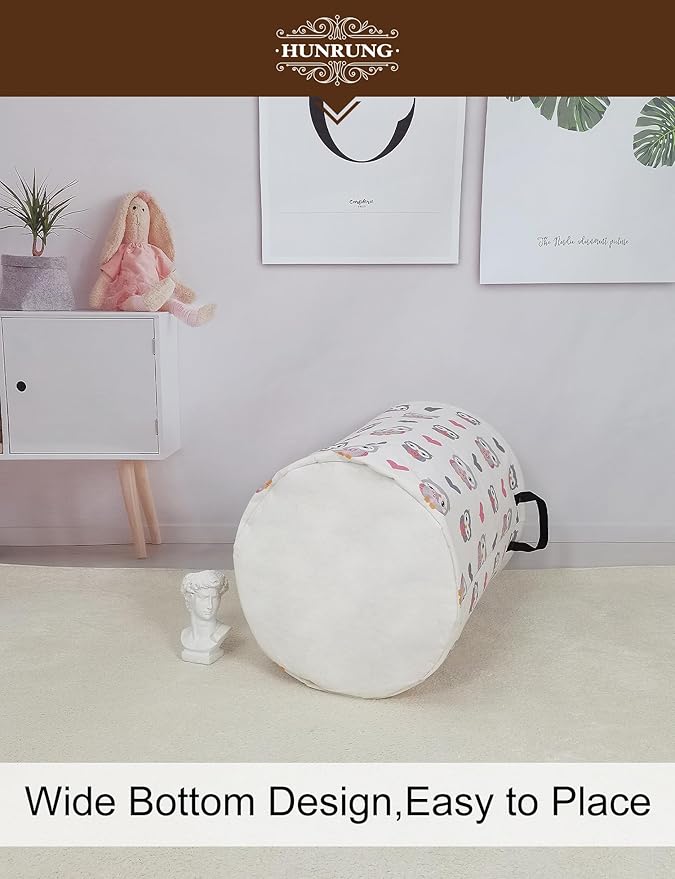 HUNRUNG Laundry Hamper,Large Canvas Fabric Lightweight Storage Basket Toy Organizer Dirty Clothes Collapsible Waterproof for College Dormsï¼Round-Love Owlï¼