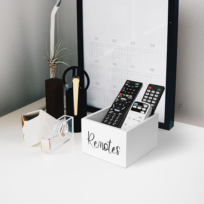 Wood Remote Control Holder, TV Remote Control Organizer for Home Bedroom Table, Multi-Purpose Desktop Storage (White, M,for 3+ Remote Controls)