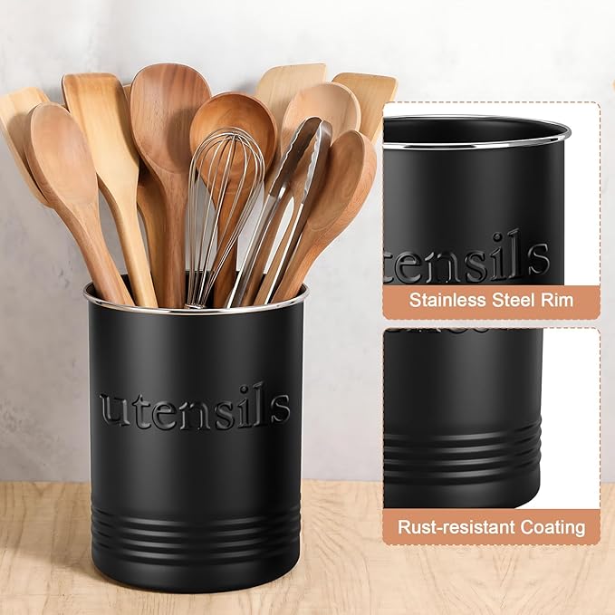 2 Pack Kitchen Utensil Holder for Counter 6.7"+4.7" Farmhouse Cooking Utensil Crock with Cork Bottom Modern Farmhouse Decors Countertop Storage Organizer Caddy Housewarming Gift(Black)