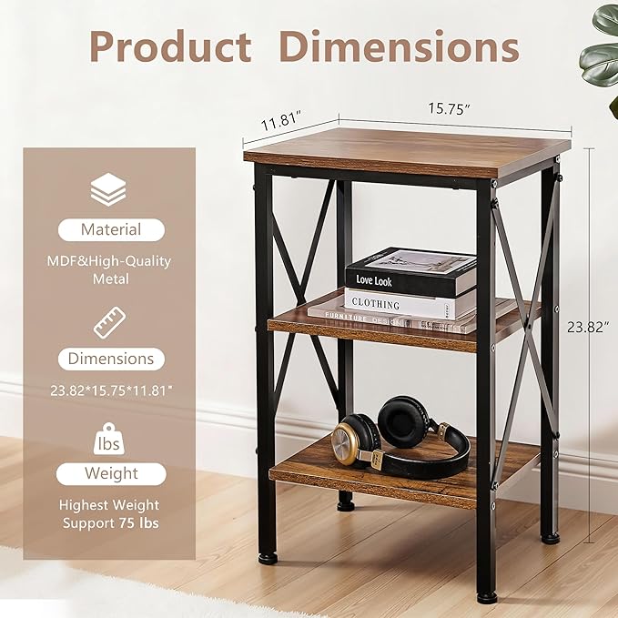 VECELO End Table, 24" Tall Living Room Side Tables, X-Design Reinforced Bedside Table, Nightstands with 3-Tier Storage Shelves for Small Spaces, Office, Bathroom, Bedroom, Retro Brown, 1 Pack