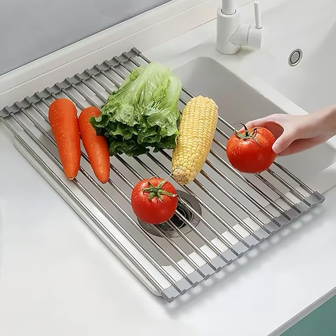 Roll Up Dish Drying Rack, 21.3" x 15.8" Over The Sink Dish Drying Rack, Kitchen Dish Rack Foldable Dish Drainer, Stainless Steel Dish Drying Rack for Kitchen Sink Counter Storage (Grey)