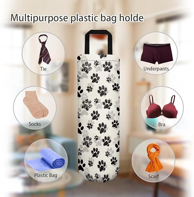 Hanging Plastic Bag Holder Dispenser Set of 2 Reusable Wall Mount Hanging Plastic Bag Storage Organizer Grocery Bags for Office Kitchen Bedroom,Dog Paws