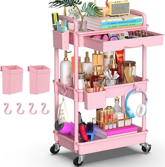 Goovilla 3 Tier Rolling Utility Cart Organizer with Removable Drawer, Stable and Sturdy Pink Rolling Storage Carts with 2 Lockable Wheels for Bathroom, Kitchen, Snack, Craft, Makeup, Baby Essentials