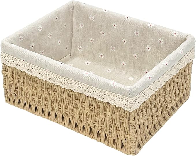 Large Wicker Storage Basket with Liner, Hand-Woven Paper Rope Rattan Organizer Bin for Pantry, Countertop, Bathroom, Bedroom, Shelves (Beige, L)