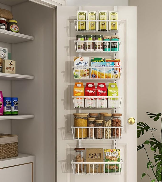 12 Inch Wide Narrow Over The Door Pantry Organizer, Pantry Organization and Storage, 6-Tier Metal Hanging Deep Basket Wall Spice Rack Seasoning Shelves, Home & Kitchen Essentials, White