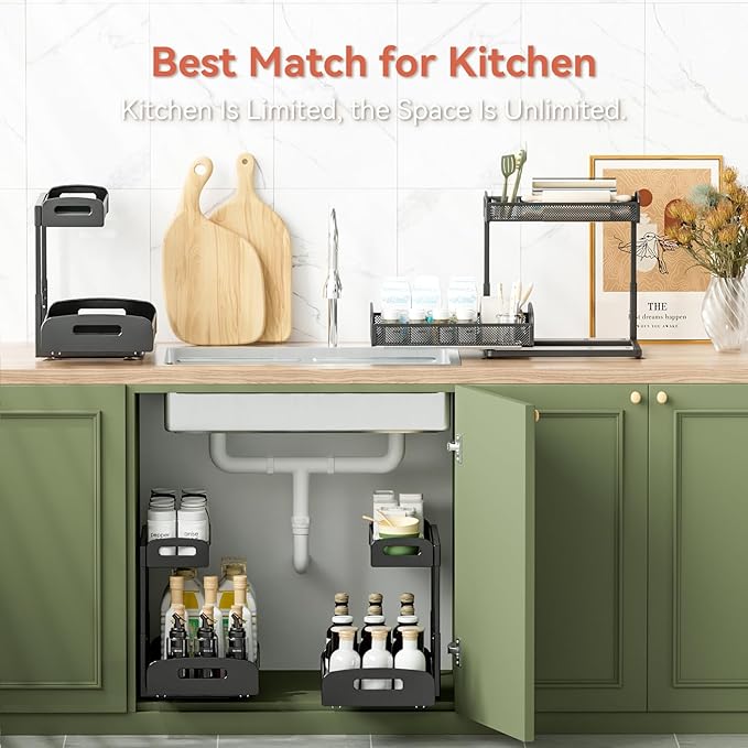 YASONIC Under Sink Organizer, Metal 2 Pack Height Adjustable Under Kitchen Sink Organizer with Pull Out Drawer, 15.9 Inches Cabinet Organizers and Storage for Kitchen & Bathroom Black