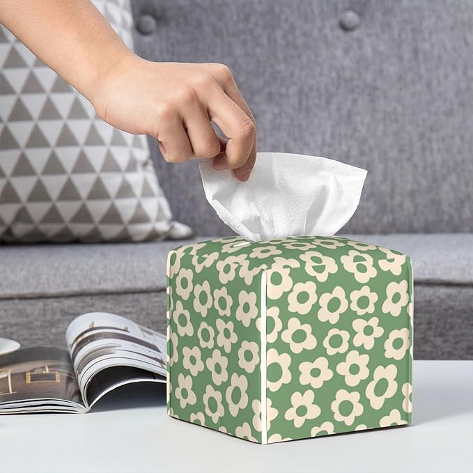 Tissue Box Holder Green Groovy Flower Tissue Box Cover Square Leather Tissue Holder Organizer Portable Decorative Facial Paper Case for Home Office Bathroom Vanity Countertop