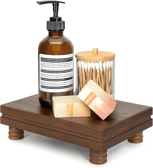 EOSAHR Decorative Tray Pedestal Stand for Home and Kitchen â Farmhouse Bathroom Counter Organizer & Soap Holder for Bathroom Decor - Wooden Tray to Elevate Home Decor (Brown)