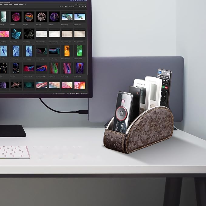 YAPISHI All-in-One Leather Brown TV Remote Holder with 5 Compartments Nightstand Desktop Media Player Remote Caddy Storage Box Organizer Tray for Mobile Office Phone Controller