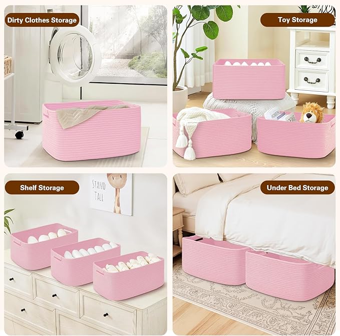 3 Pack Large Storage Basket for Organizing, 17.5"x13.5"x7.5" Woven Basket for Shelves, Closet Cube Storage Bins with Wrapped Handle, Cotton Rope Baskets for Kitchen, Clothes, Toys(Light Pink)