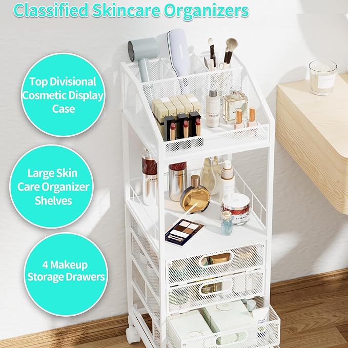 HapiRm Makeup Organizer Storage Cart - Floor Skincare Make Up Storage with 4 Drawers, Rolling Makeup Cart Vanity Organizer Cosmetics Display Cases Holder for Skin Care Perfume Nail Polish