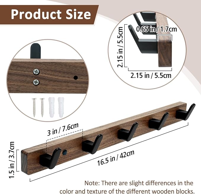 Coat Hooks Wall Mount, 16.5" Wall Mounted Coat Rack with 5 Aluminum Hooks for Hanging Backpacks, Hats, Dog Leashes, Towels, Keys, Walnut Wood Wall Hooks for Entryway, Bathroom, Bedroom