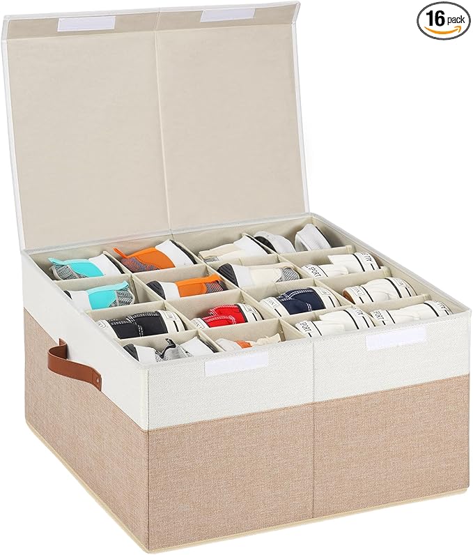 Shoe Organizer 16 Pairs, Large Shoe Storage Box Bin Containers with Adjustable Dividers for Sandals, High Heels, Sneakers, Stackable and Foldable (Beige and White)