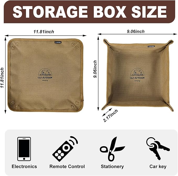 Portable Collapsible Canvas Storage Tray, 12x12 Inch, Multi-Functional Organizer for Home, Travel, Camping, Vanity, Kitchen, Outdoor Picnics (Coffee)