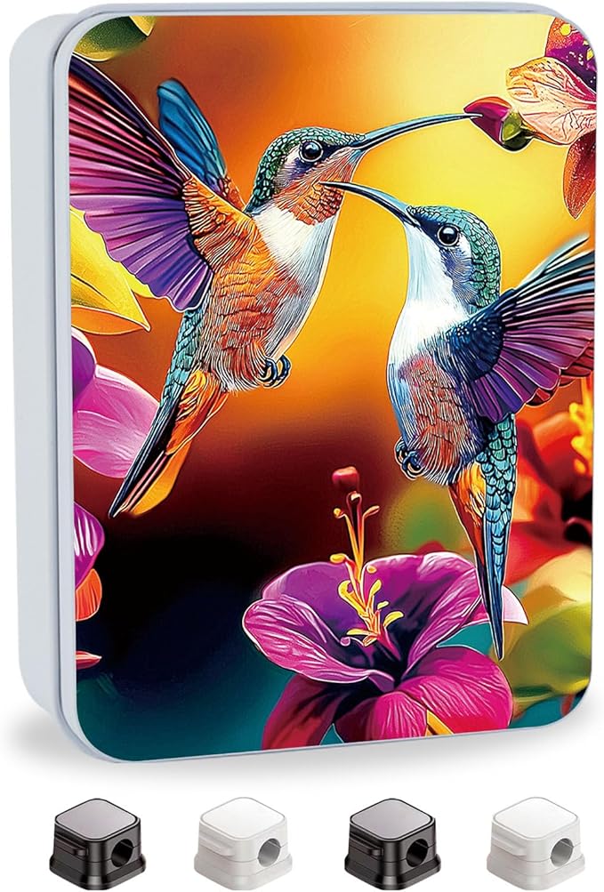 Metal Tin Box with Lid for Game Cards Home Organizer Candles Keys Crafts Storage - Equipped with 4 Magnetic Cord Clips，Hummingbirds and flowers