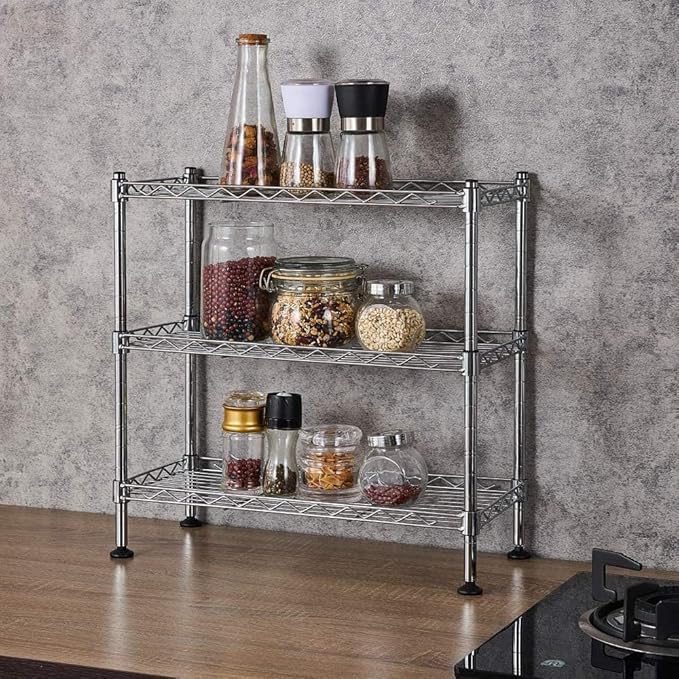 FOXHOLE 3-Tier Steel Metal Storage Rack Wire Shelving for Bathrooms, Closets, Kitchen, Pantry, Adjustable Shelves, Silver Finish, 17.72" L x 7.87" W x 17.72" H