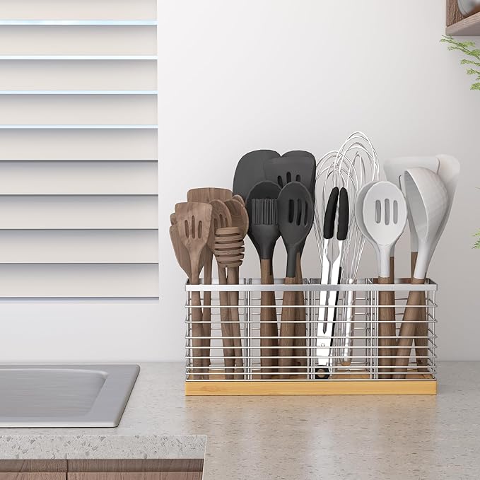 Suli Extra Large Kitchen Utensil Holder with 4 Compartments，Silvery Metal holder with Wooden Base for Countertop，Farmhouse Utensil Organizer for counter, Rustic Cooking Storage Caddy for Corner