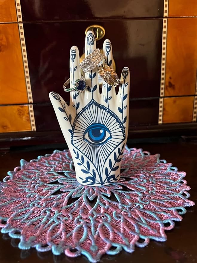 Hamsa Ring Holder organizer, aesthetic Room Decor with Blue Eye Boho style for Bathroom, Bedroom; Gifts for Women Home Decor